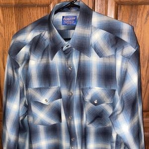 Pendleton Men's Vintage Wool Shirt USA Size Large Blue Plaid Pearl Snaps Wool